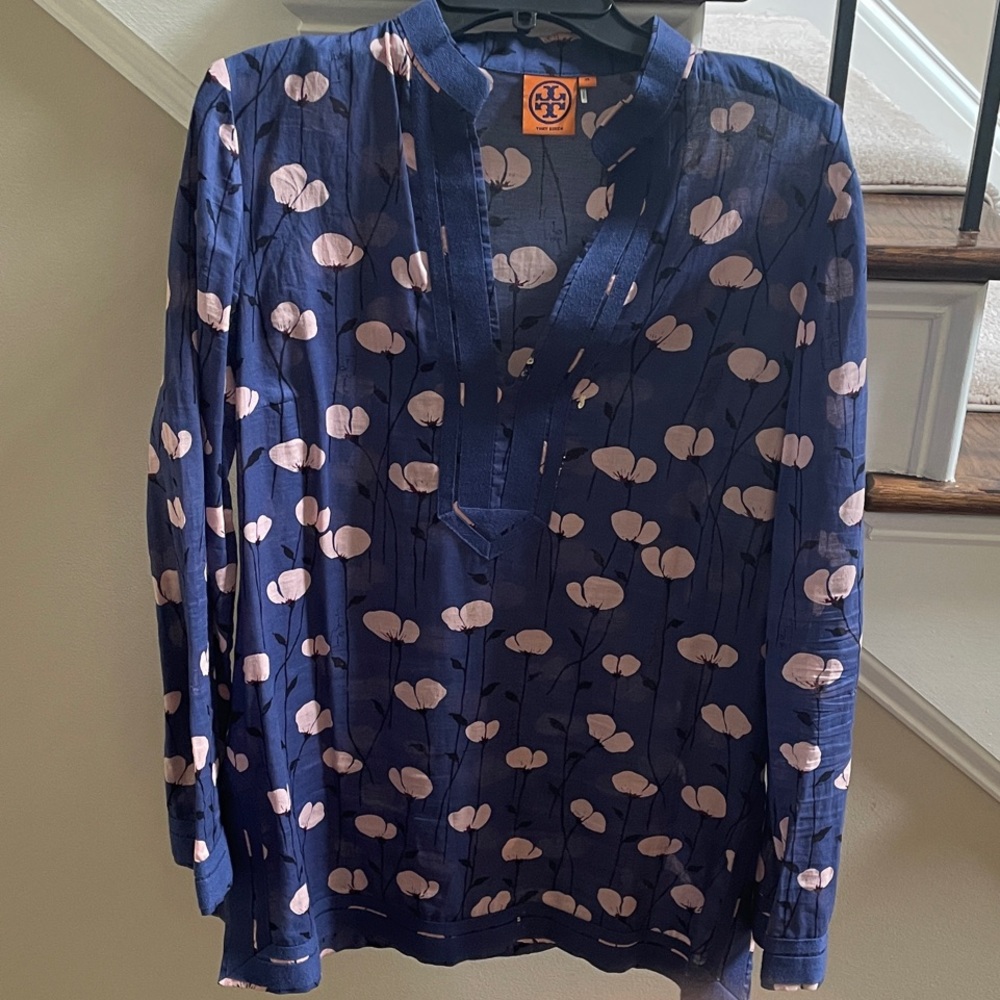 Tory Burch Navy Tunic with Pink Floral Motif